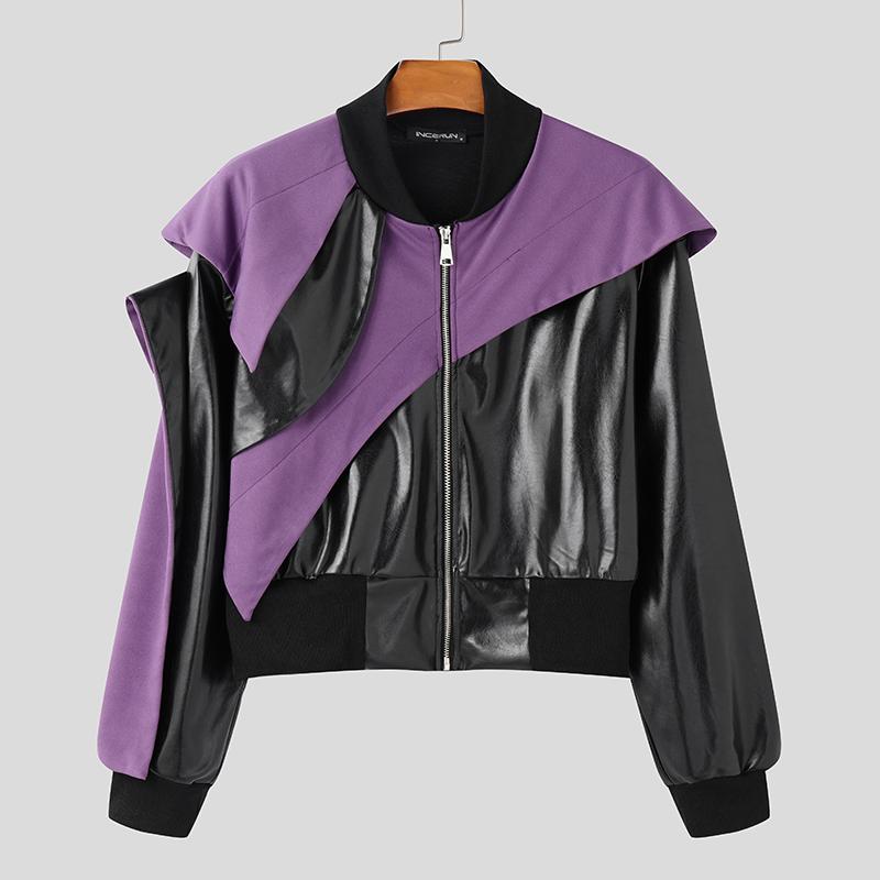 

INCERUN Мужские длинные рукава молнии кожаные PU короткие пальто слои пэчворк куртки XL фиолетовый