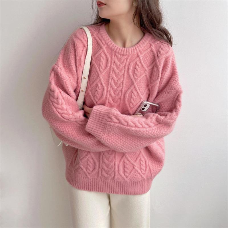 Solid color twist sweet and gentle round neck pullover sweater women's autumn and winter new fashion age-reducing knitted sweater top