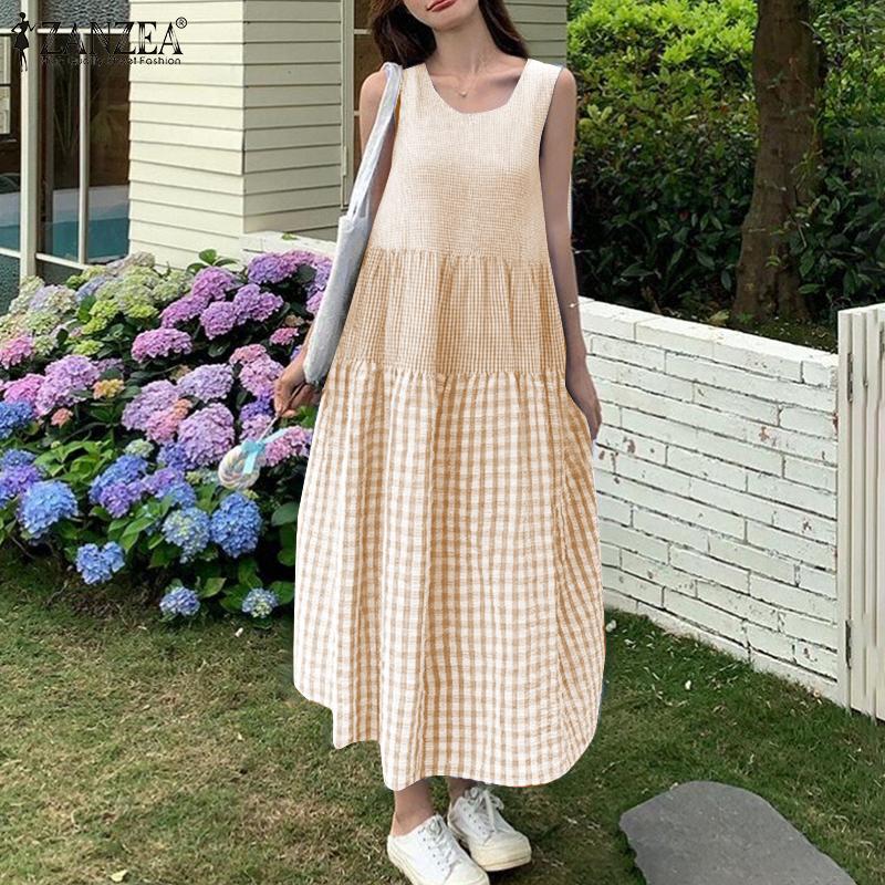 ZANZEA Women Summer Round Neck Sleeveless Grid Print Dress