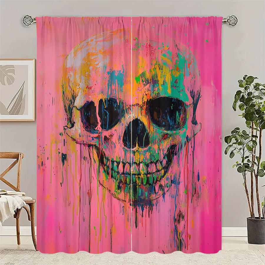 

Set Of 2 Pink Skull Print Curtains Suitable Bedroom Living Room Kitchen Decoration Home Window Curtain For Great Made Polyester W100*H70(CM)-Rod Pocket&1PCS