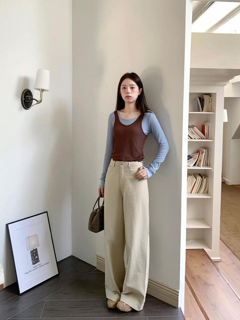 Vision Khaki Women's High-Waisted Straight Casual Pants - Spring 2026 Korean Style Loose Wide-Leg Long Pants