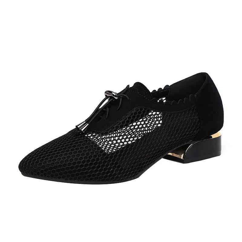Sandalias de cuero negro para mujer, zapatos individuales de malla con cordones, tacón bajo, tacón grueso y punta, para verano