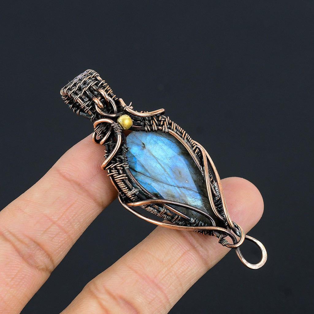 Labradorite Pendant, Handmade Gemstone 999 Copper Wire Wrapped Pendant Antique Jewelry, For Gift Silver Jewelry