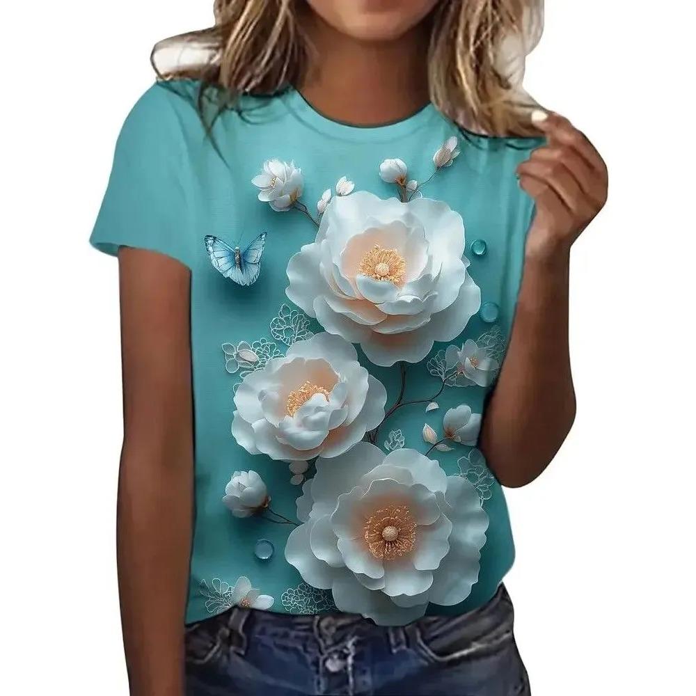 Summer Round Neck Flower Pattern 3D Print Top Fashionable Casual Short Sleeved Women's T-shirts