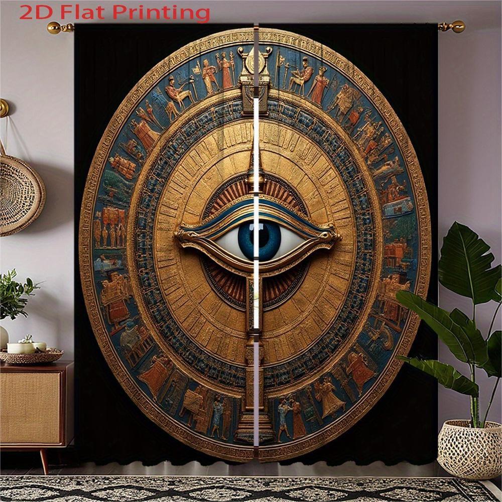 2Pcs Egyptian Eye of Horus Gold Blue Tutankhamun Print 2D Flat Curtains for Living Room Bedroom Home Decor