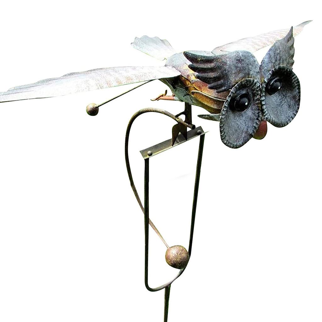 Owl Wind Chime Iron Wing Flapping Owl Wind Spinner Weather Resistant Eagle Stake Garden Accsesories Outdoor Art Statue Decors