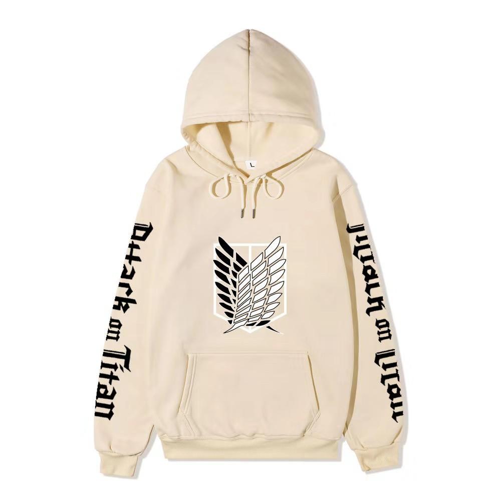 Attack on Titan Freedom Wings Hoodie Unisex Fleece Sweatshirt Survey Corps Logo Gothic Vertical Text Both Sleeves Autumn Winter Pullover