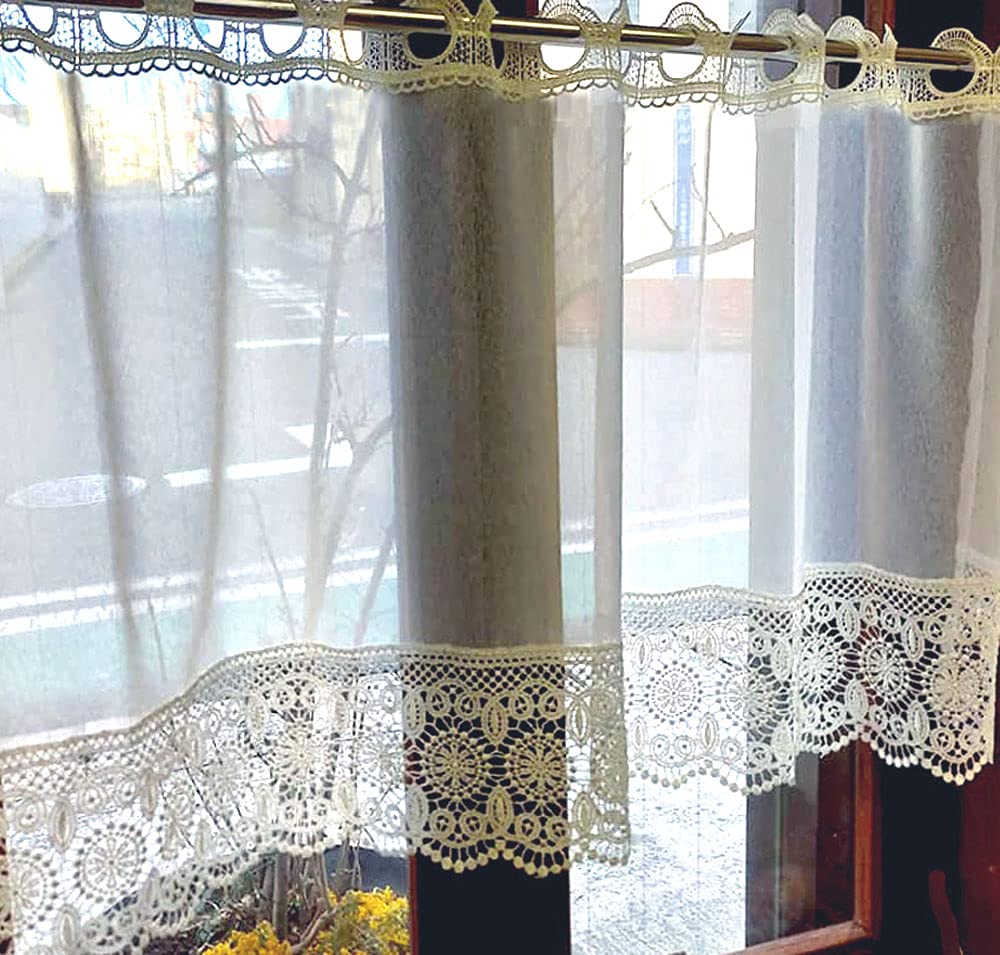These beautiful lace cafe curtains are perfect for narrow blends seamlessly into any Perfect for short windows. [Approx. 100x45cm] Off-white room.