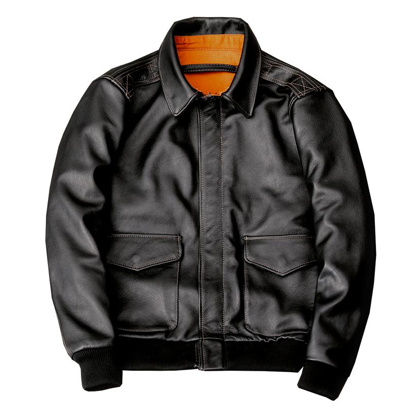 Men Genuine Leather Pilot Jacket Real Cowhide Aviator Coat Large Size Outerwear