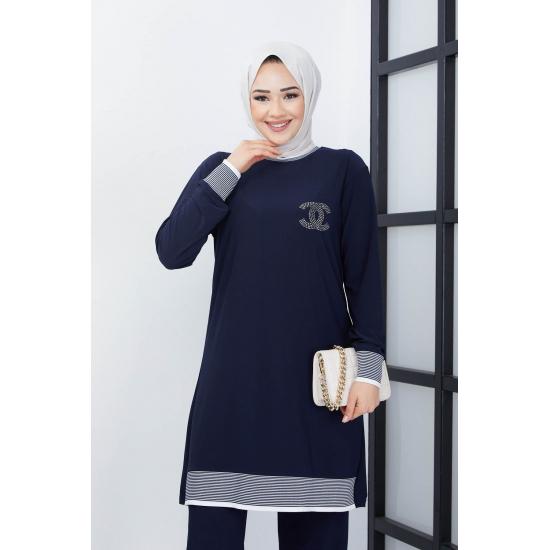 Islamska szafa damska prążkowana tunika spodnie garnitur hidżab