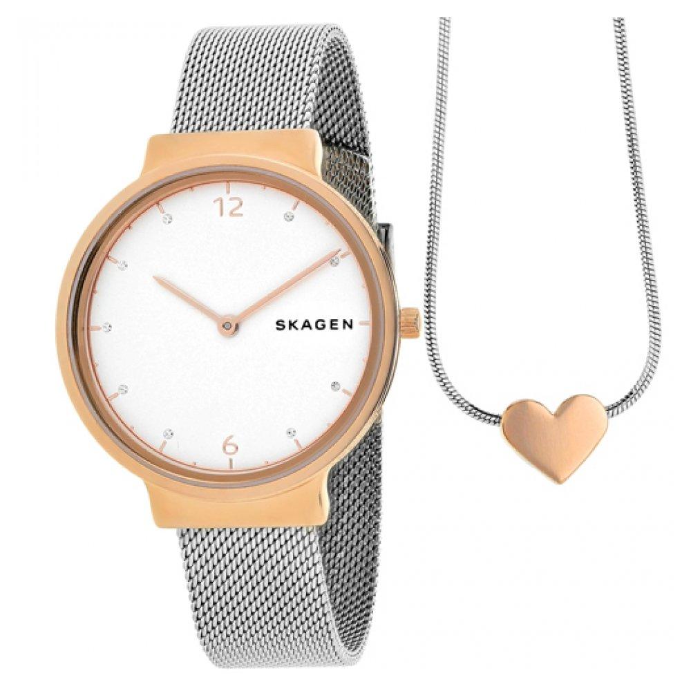 

SKAGEN Ancher gift set Rosegold dial silver mesh SKW1086 Rose gold silver mesh stainless steel necklace included quartz ladies watch [item]
