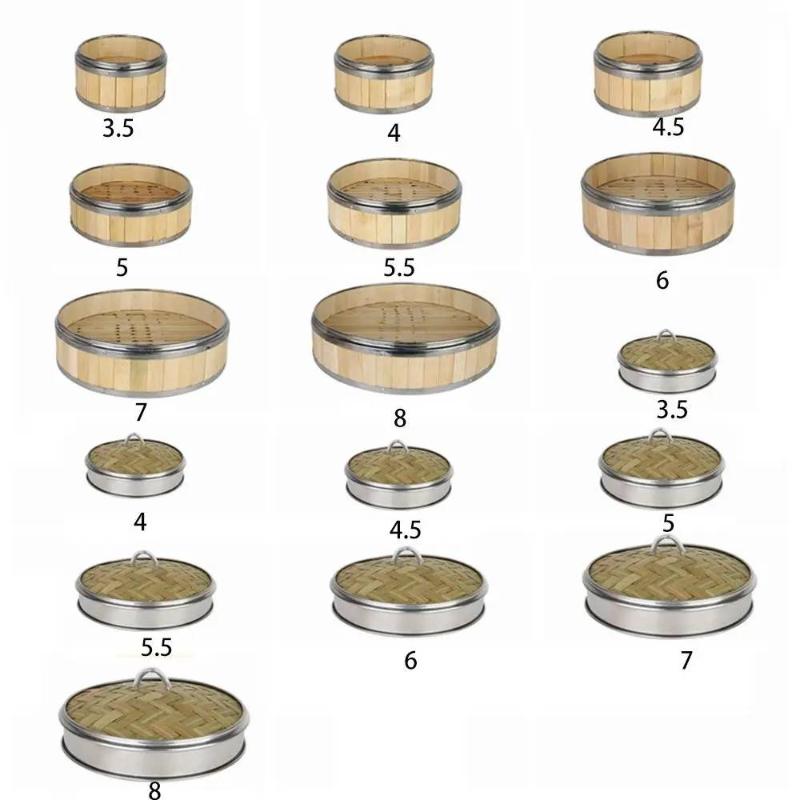 Durable Bamboo Steamer Basket Steel Handle Lid High Temp Resistant Steamer for Dim Sum Bao Bun Kitchen Cooking Tool