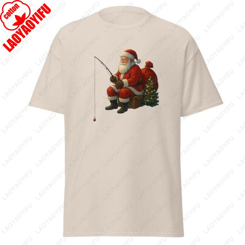 

Fishing Santa Unisex Classic Funny Christmas Holiday Tees Gift Simple Cute Men Women Cotton Tshirt Creative Leisure Vintage Tops 4XL