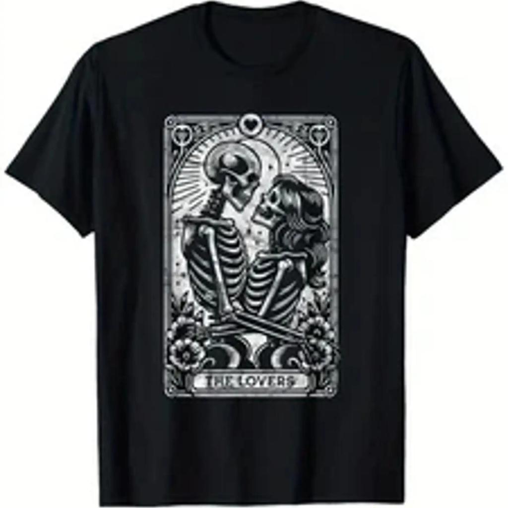 The Lovers Vintage Skeleton Couple Skull Gothic Tarot Card T Shirt Unisexs And Wo Vintage Slightly Streetwear Breathable