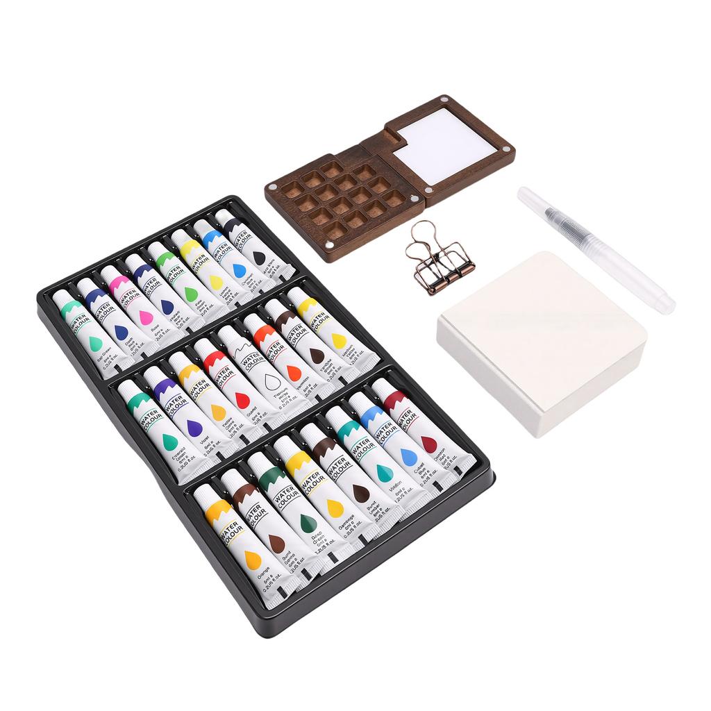 Mini Watercolor Paint Set 15 Grid Wood Palette 24 Colors Portable Sketchbook Painting Kit Watercolor Travel Set