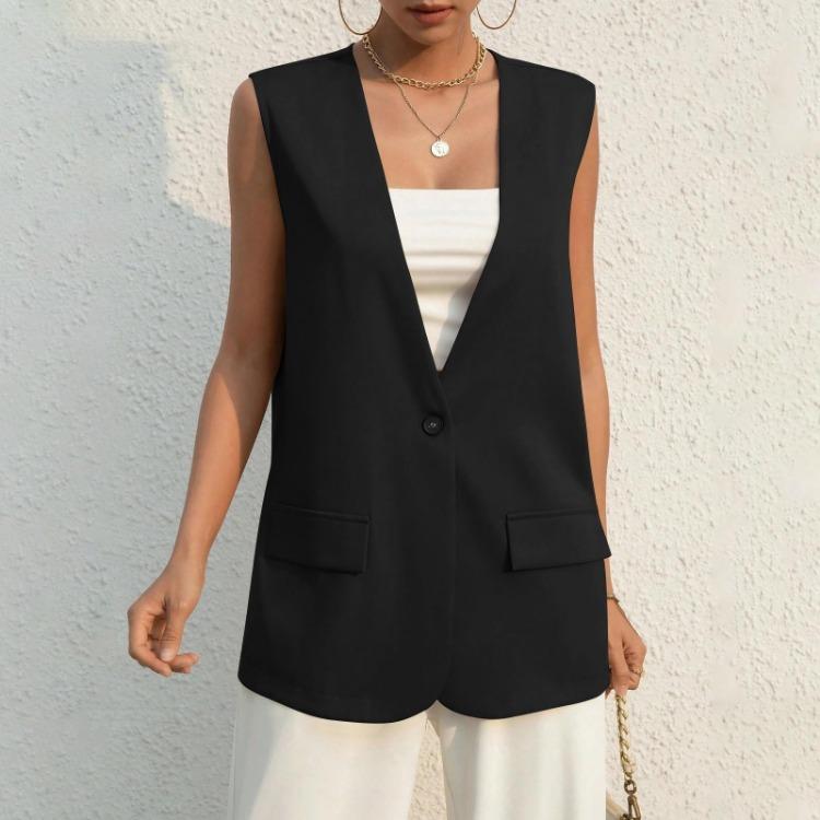 Women's Casual Summer Work Suit Vest Sleeveless V Neck Single Button Solid Color Jacket