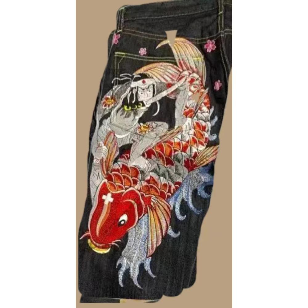 RogueWave Japonské Retro Personalizované Tištěné Džíny s Vysokým Pasem pro Páry s Velkými Kapsami pro Street Wear Y2K Džínové Kalhoty