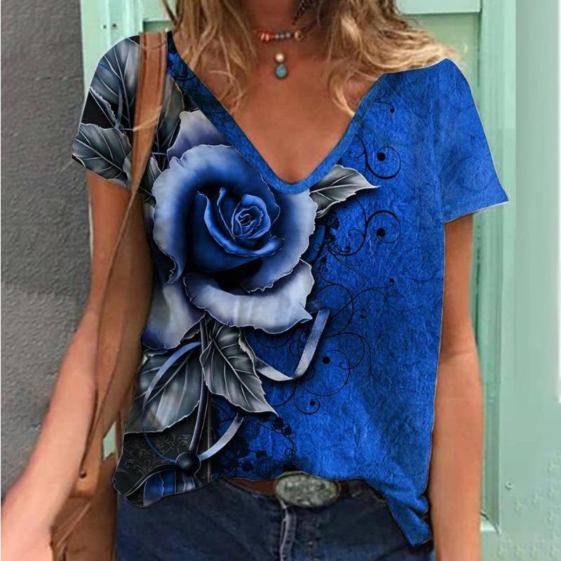 Women's Retro Rose 3D Digital Print Summer Loose Quick Drying T-shirt V-neck Women's Clothing Shirt