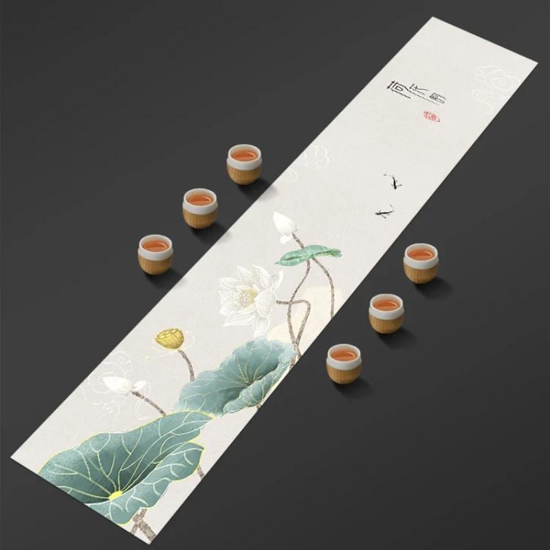 Chinese Lotus Pattern Table Runner Water-Repellent Coffee Table Cloth Decorative Cotton Linen Tea Mat Tea Ceremony Accessories