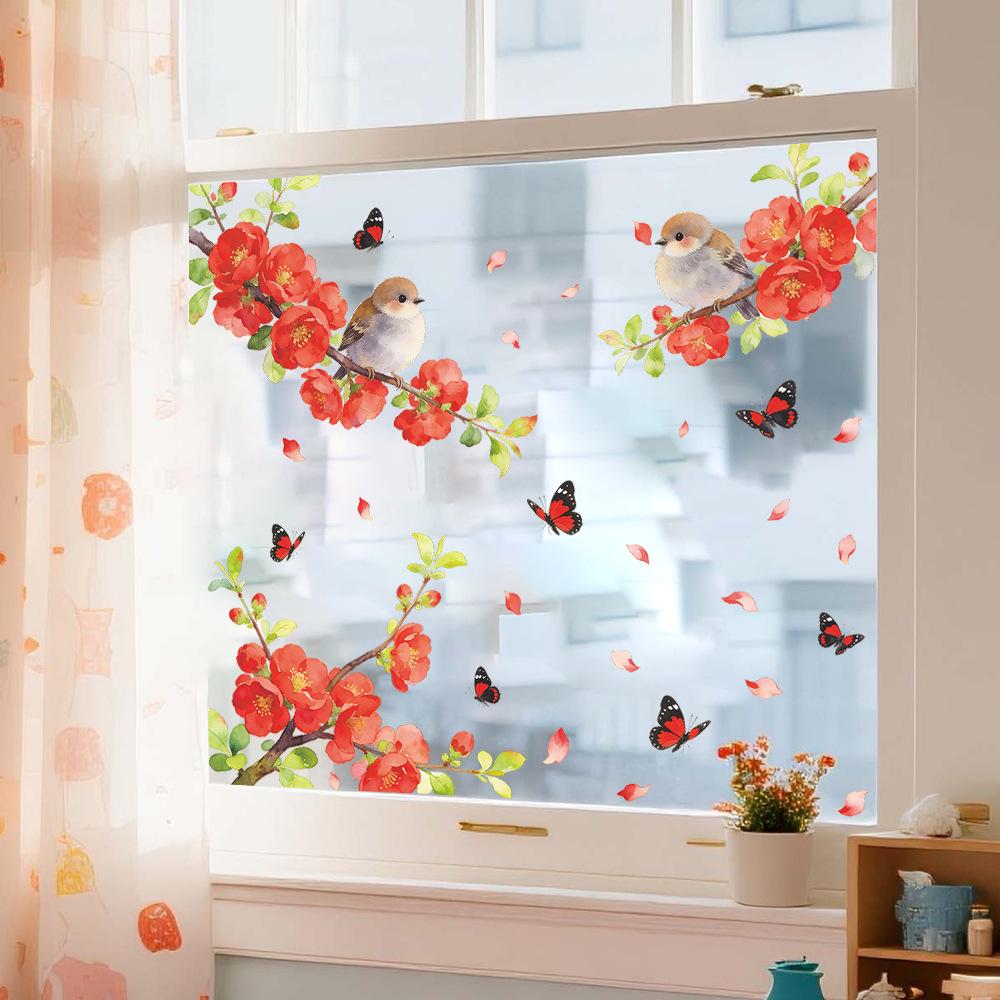 Painted Flowers, Branches, Birds, Butterflies, Home Balcony, Glass Windows, Beautification Decoration, Window Stickers