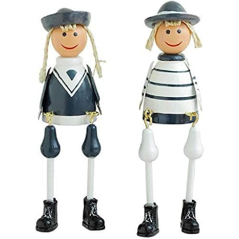 2pcs Wooden Long Leg Dolls Nautical Theme Doll Figurine Desktop Wooden Craft Ornament for Home Office Decor