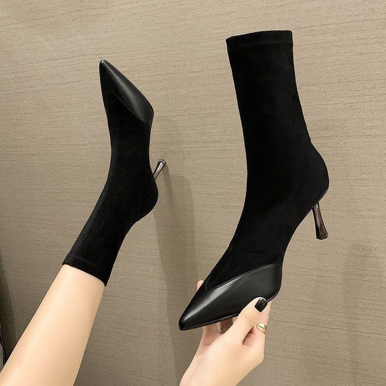 Internet celebrity thin boots women's 2025 autumn and winter new mid-heel short boots stiletto high heels pointed mid-tube elastic socks boots