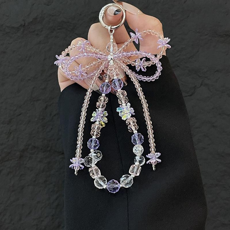 Korean Crystal Bow Irregular Bead Key Chains for Women Purple Tassel Simple Shiny Metal Buckle Bag Mobile Pendant Accessories
