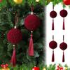 Burgundy Velvet Ball Baubles Flocked Christmas Ornaments with Tassels and Gold Beads, Elegant Holiday Party Supplies Retro Texture Decorative Hanging