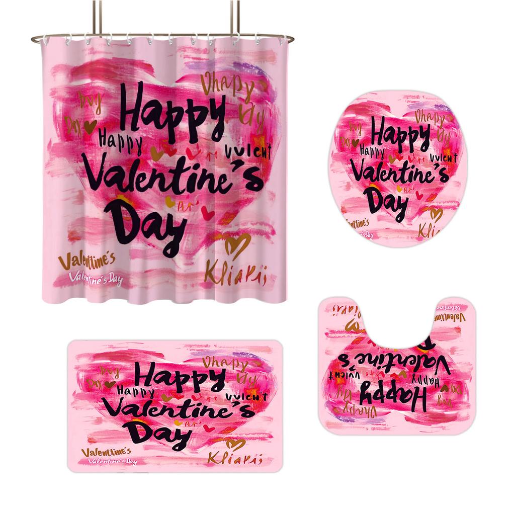 4 Stück Valentinstag Romantische Rose Blume Gedrucktes Badezimmer-Set Wasserdichter Duschvorhang Fußmatte Toilettenmatte U-förmige Matte