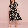 Large Size Ladies Flower Print V-neck Short-sleeved Dress European and American Waist Loose Split Mid-length Chiffon Skirt