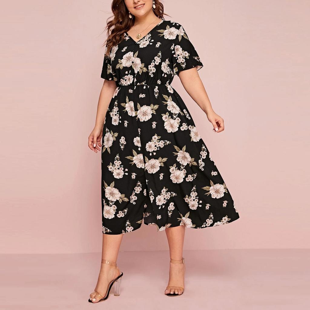 Large Size Ladies Flower Print V-neck Short-sleeved Dress European and American Waist Loose Split Mid-length Chiffon Skirt