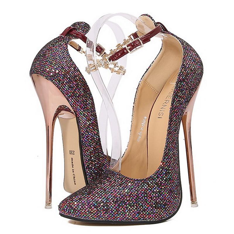 

Women Ankle Strap High Thin Heel Shoes Glitter Lady Pumps for Nightclub Party Banquet Pub Catwalk Show Cross Dressing Polo Dance 46 різнокольоровий
