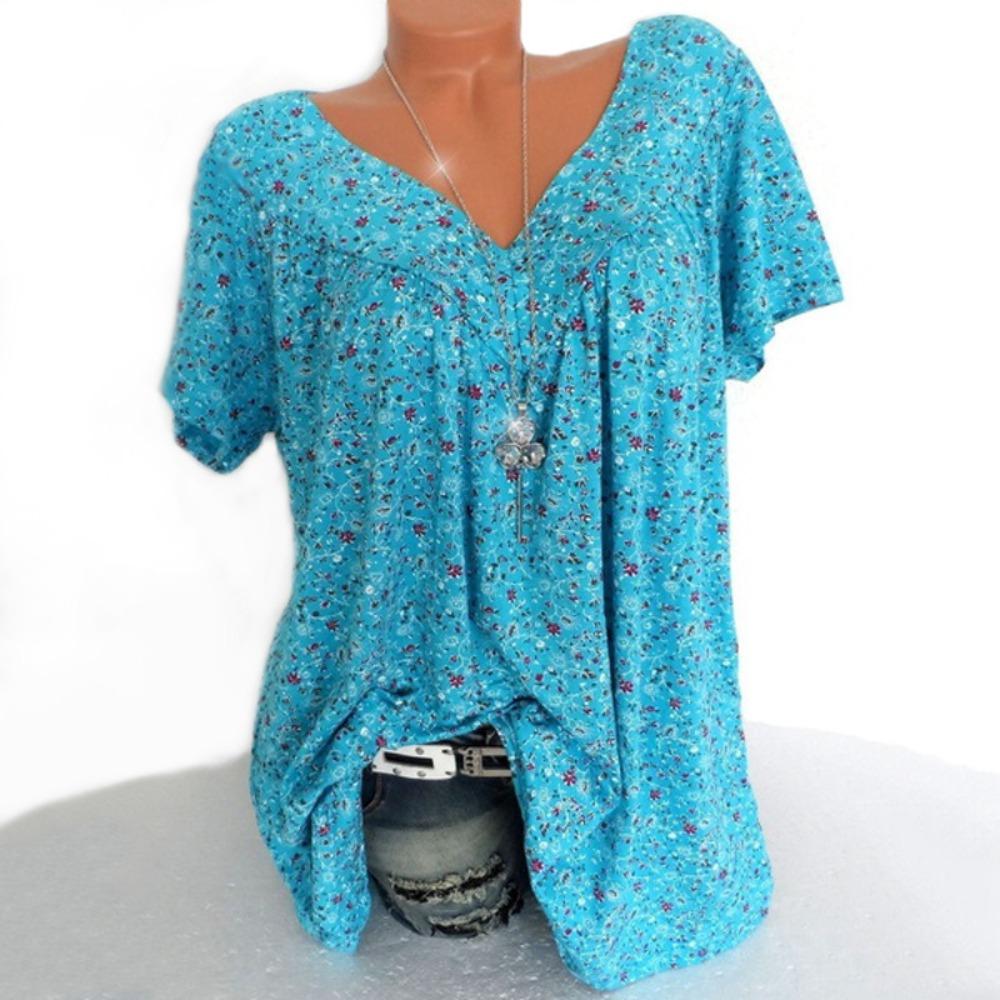 Women's V Neck Short Sleeve Tunic Top Loose Fit Casual Ditsy Floral Print Plus Size Summer Daily Blouse
