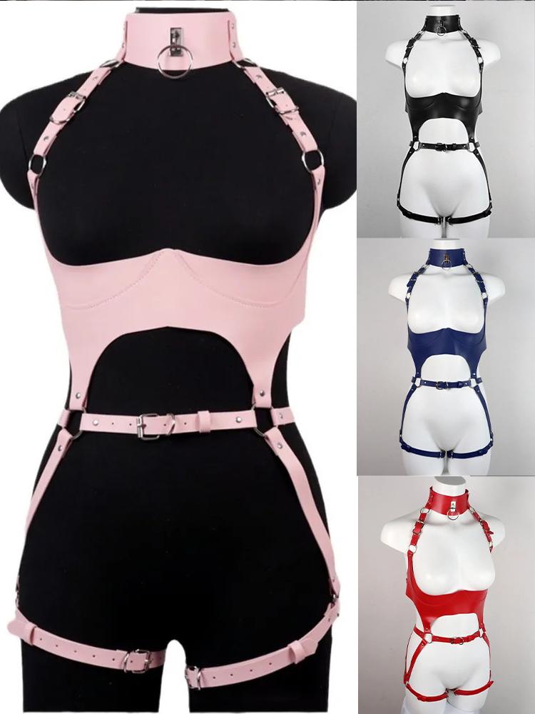 Sexy Bondage Lingerie Outfit Leather with Bodystockings  Adjustable Garter Full Body Harness Gothic Sex Product Erotic Set