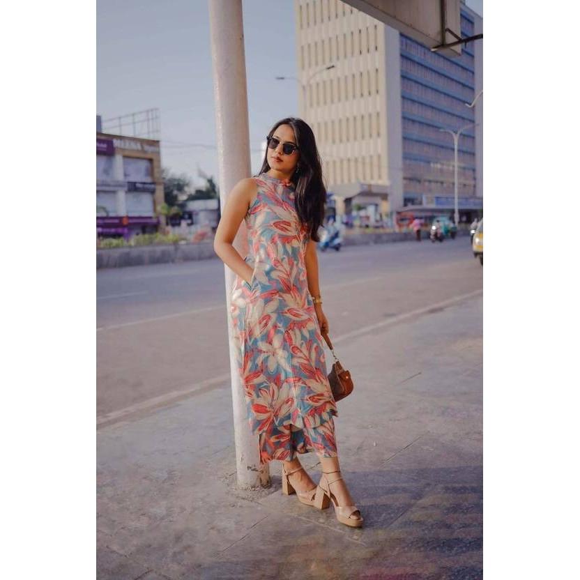 Women Party Wear Cotton Rayon Kurta Pant Set Indian Bollywood Top Tunic Kurti SC-2246a