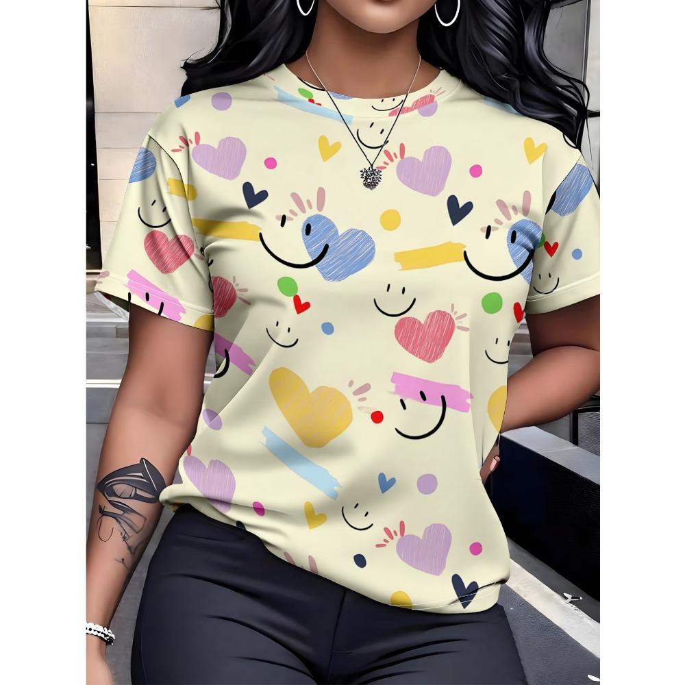 Hellbeiges Damen-T-Shirt - Grafik mit Waldtier- und Blumenmuster, Süß