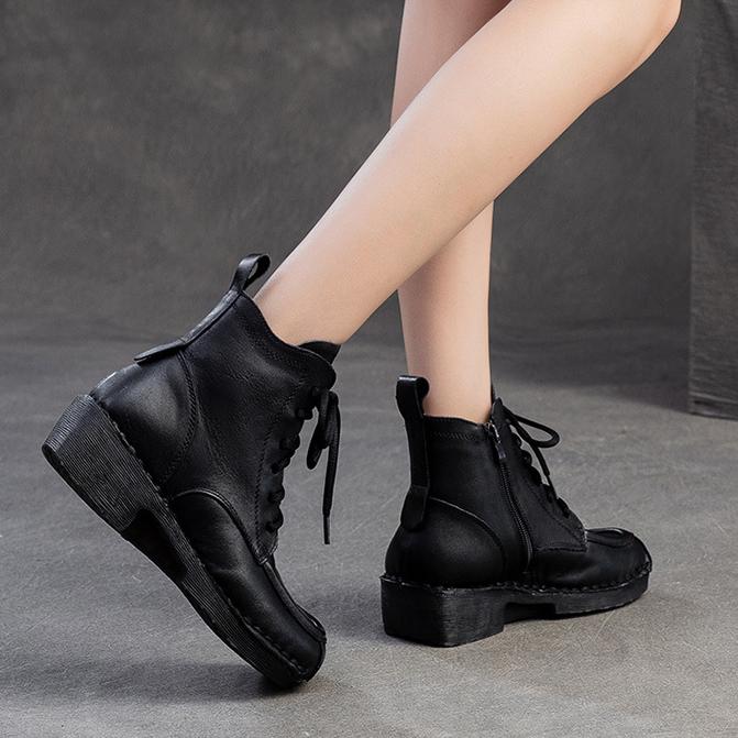 Johnature Universalūs apvalianos nosies šoniniu užtrauktuku retro trumpi aulinukai, paprastas storas kulnas, kasdieniai moteriški batai