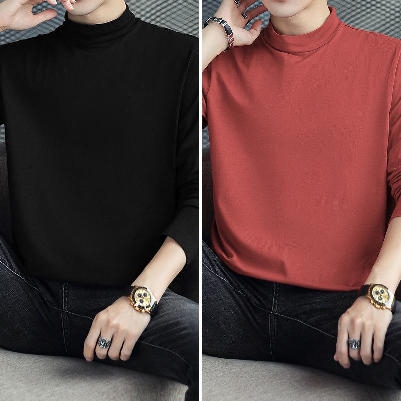 Men's Long Sleeve Cotton T-Shirt, Semi-High Neck, Solid Color Base Layer for Autumn/Winter