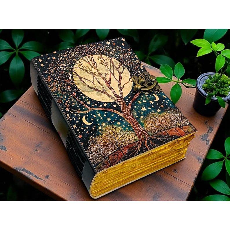 

Tree of Life Leather Journal – Fairy Moon and Stars Grimoire Notebook – Spell Book – Pagan Diary 7 x 5 in - 100 Sheet`