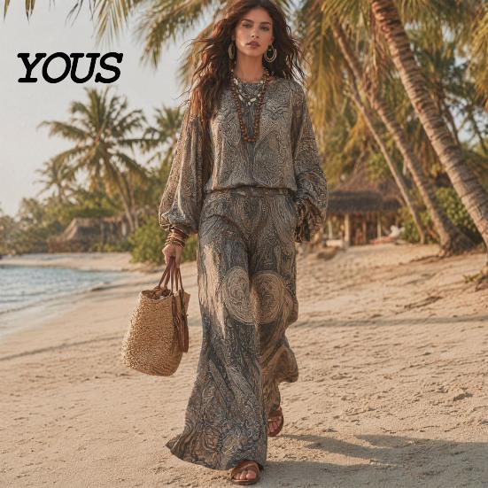 Relaxed Fit Women Outfit Boho Print 2 Piece Sets for Women, Casual Long Sleeve Top Side Pocket Pants Wide Leg Matching Sets, Summer Loose Travel