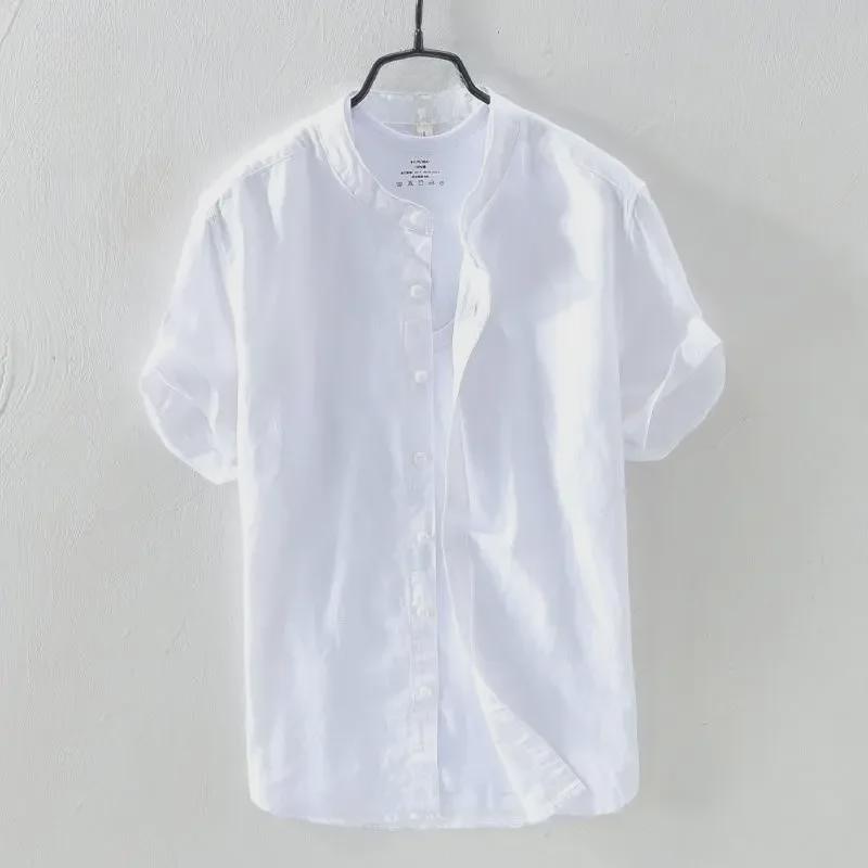Authentic Chinese Style Men's Short-Sleeve Linen Shirt - Large Size, Quick-Dry, Casual Cotton Blend