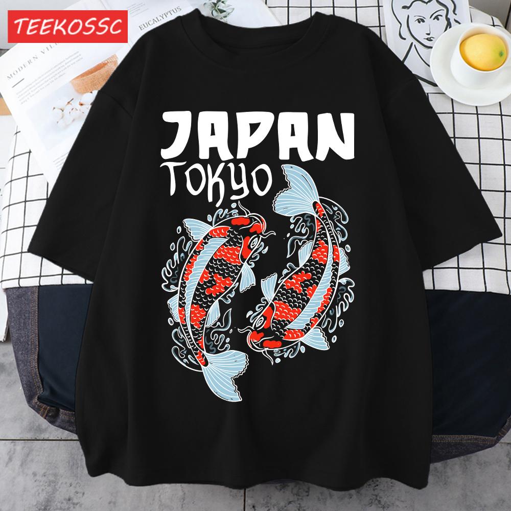 Harajuku Japan Tokyo Koi Print Man TShirt Summer New Loose Short Sleeve ONeck Cotton T Shirts Trendy Unisex AllMatch Clothes