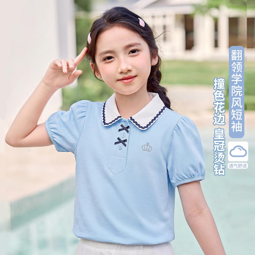 Girls' Summer Lapel College Style Polo Shirt Top, Breathable Mid Size Children's Bubble Sleeves, Children's Short Sleeved T-shirt