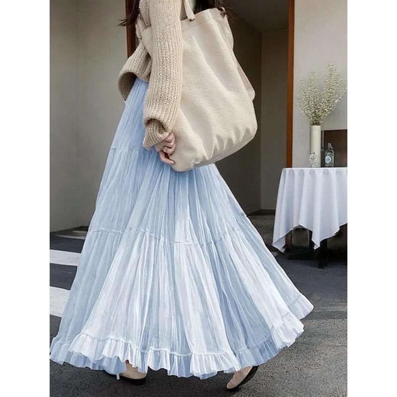 

French gentle wind medium and long large pendulum umbrella skirt women s spring new high-waisted mesh A-fold pleated skirt one size fits all синий