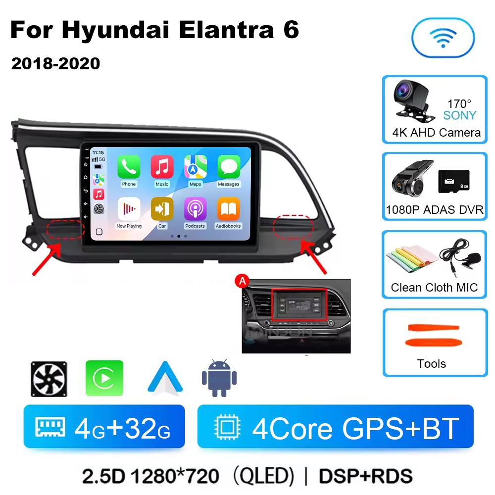 For Hyundai Elantra 6 2018 2019 2020 Car Radio Multimedia Video GPS Android 14 Wireless Apple Carplay QLED Screen Head Unit