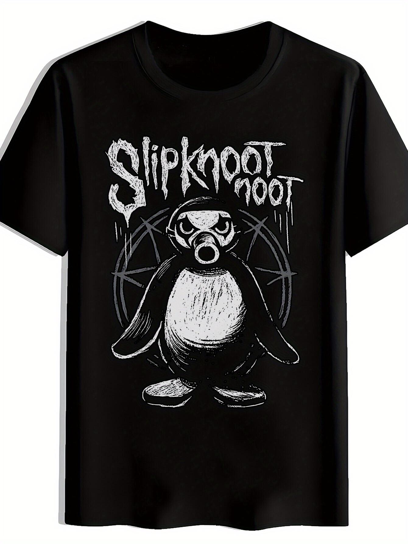 

Heavy Metal Band Graphic T-shirt - Retro Rock Tee with Penguin Gas Mask Design S