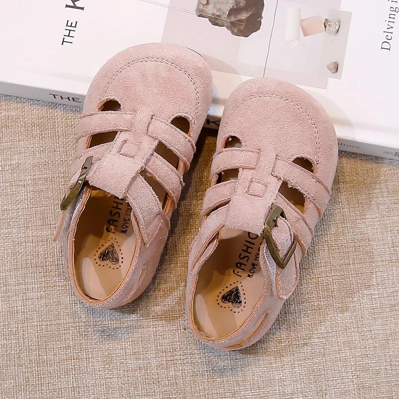 Wildledersandalen für Mädchen, rutschfeste Sohle, römische Kleinkindschuhe mit Pastellfarben, Prinzessin, Strand, Garten, Barfußschuhe 4-6 Jahre