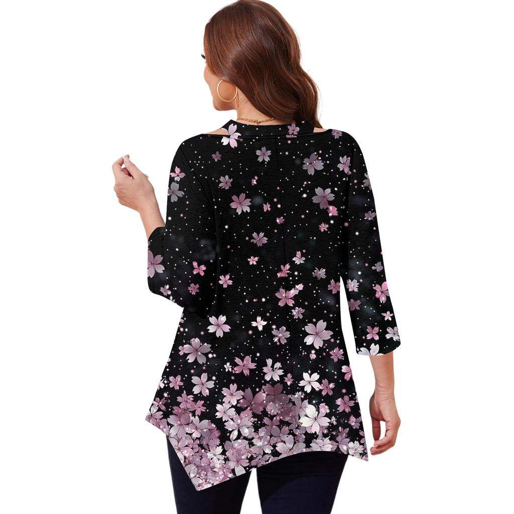 Damen Print Übergröße Oberteile Hohl V-Ausschnitt 3/4 Ärmel Shirt Elegant Lässige Oberteile