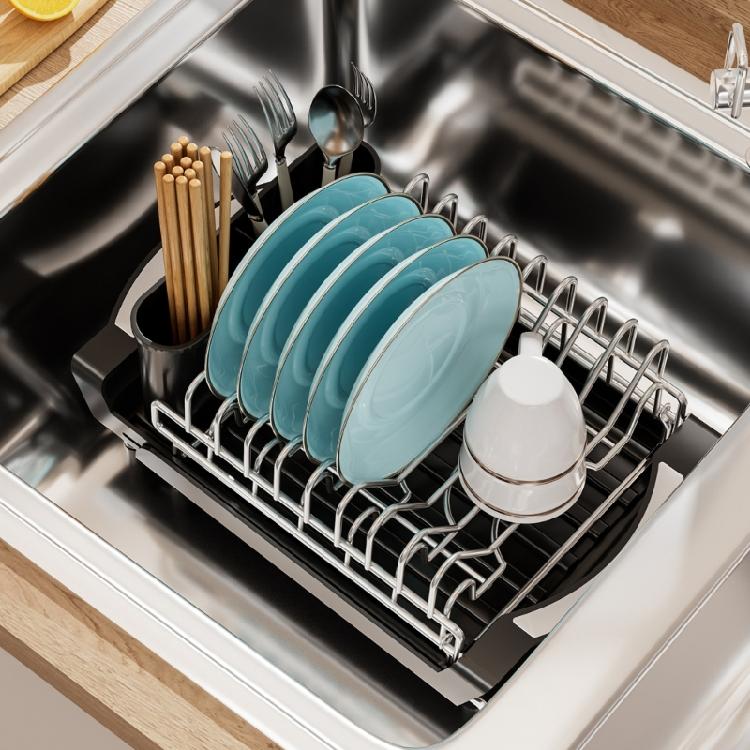 Flexible Expandable Over Sink Dish Drainer With Two Layers And Storage For Fast Drying