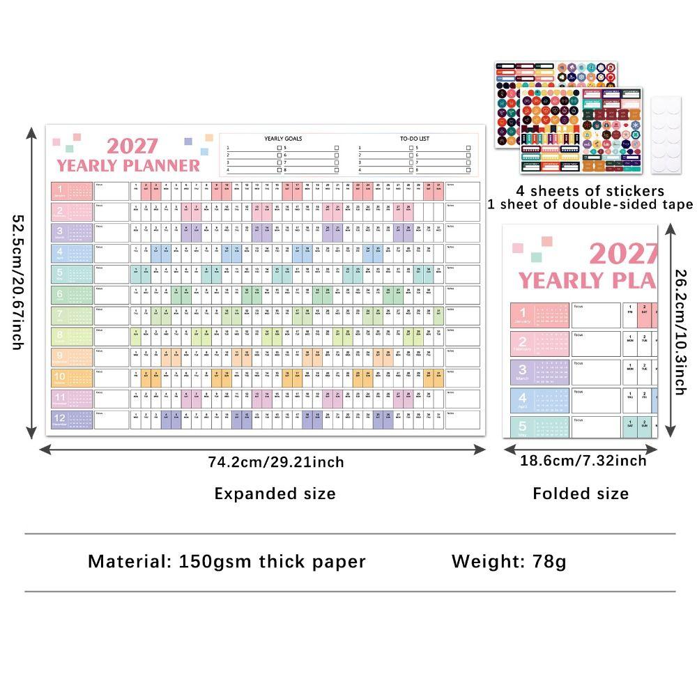 Layout Multicolore Planner Annuale 2027 Calendario Cartaceo Foglio Pianificatore Pianificazione Ufficio Domestico
